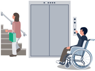 エレベーターを待つ車椅子の男性のベクターイラスト © Work Scene Studio
