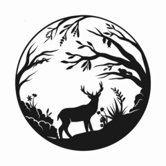 Woodland with a deer vector, forest wildlife silhouette, animal life design illustration