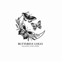 Butterfly logo design, beauty butterfly with flower vector art silhouette