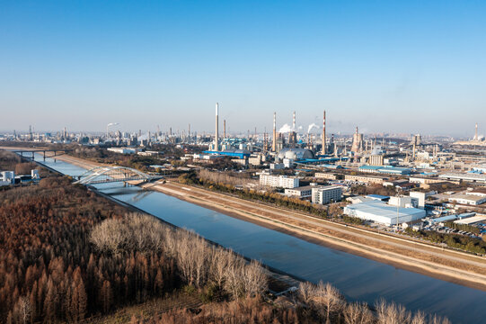 Aerial view of twilight of oil refinery 