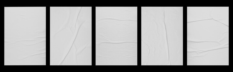 white paper wrinkled poster template , blank glued creased paper sheet mockup.