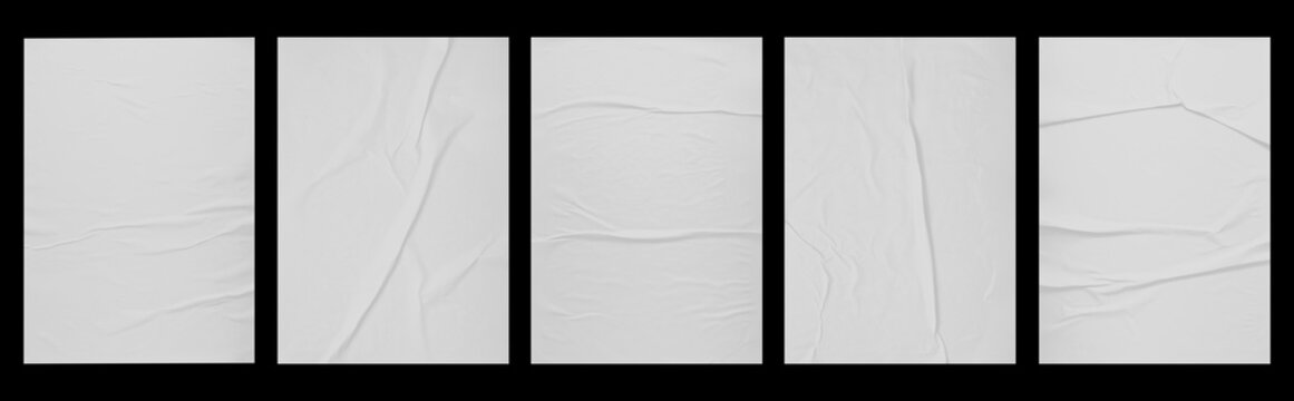 white paper wrinkled poster template , blank glued creased paper sheet mockup.