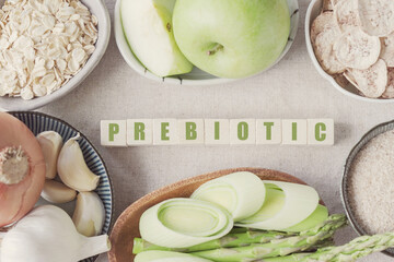 Variety of prebiotic foods for gut health, low carb diet, dairy free and gluten free, healthy plant...