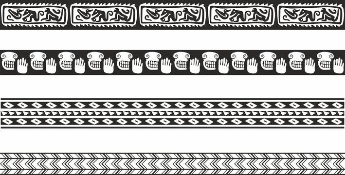 Vector monochrome set of seamless indian national native american borders. Endless ethnic ornaments of the peoples of America, Aztec, Maya, Inca, Peru, Brazil, Mexico, Honduras, Guatemala.
