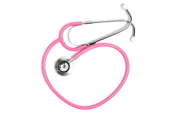 A pink heart stethoscope on white.