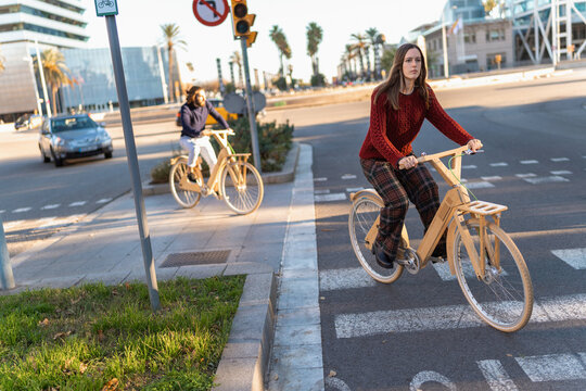 Young friends riding ecologic bicycle in city