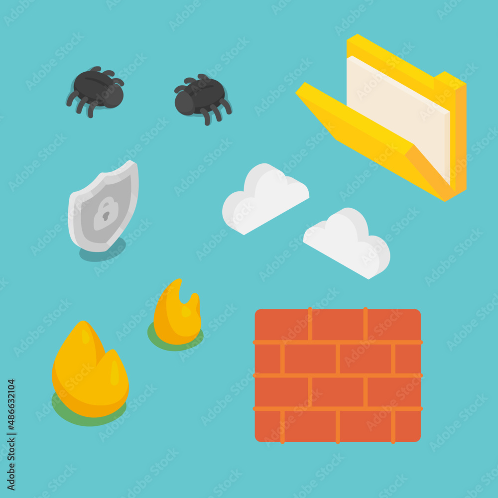 Sticker element of sandbox firewall technology and bug isometric 3d vector illustration