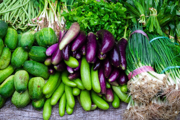 Fresh vegetables on street market. Traditional local morning market in Luang Prabang, Laos.