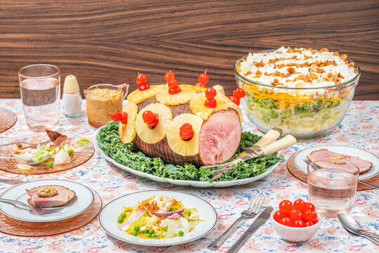 Nostalgic Seventies Inspired Food. Retro Dinner Meal.