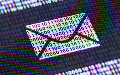 E-mail icon in display with binary code ( array of bits ). 3D Illustration.