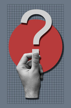 Collage With Male Hand Holding Question Mark