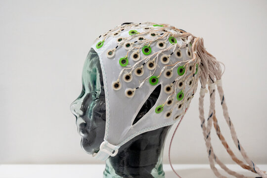 EEG cap on glass mannequin head