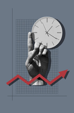 Growth Red Chart, Hand With Index Finger And Clock