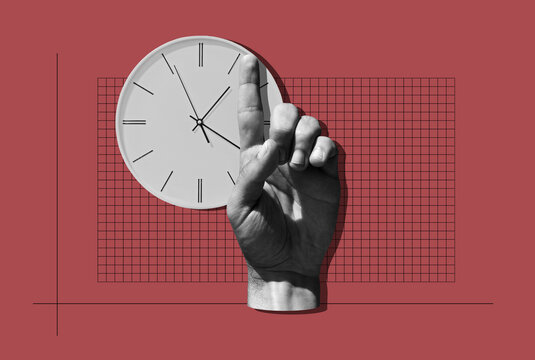 Hand With Index Finger And Clock On Red Background