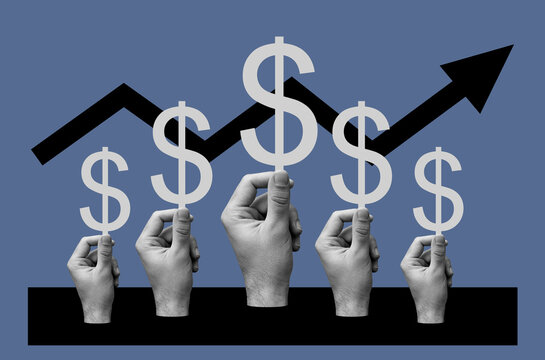 Group Of Hands Holding Dollar Signs and growth  chart