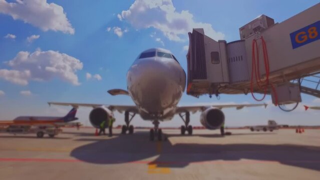 serving of aircraft in airport, parked plane and jet bridge