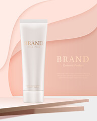 White tube of cosmetic product. Spa or skin care product ads on multi layered wavy background. Vector illustration.