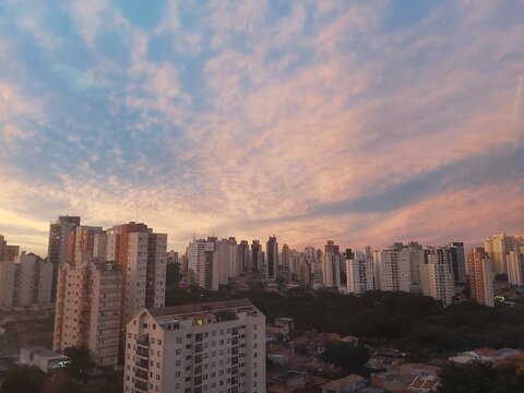 Beautiful sunrise, blue cloudy sky at downtown Sao Paulo