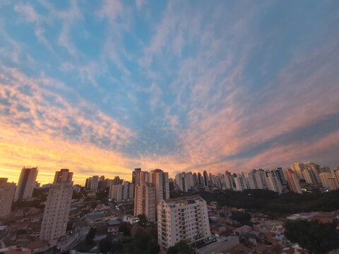 Beautiful sunrise, blue cloudy sky at downtown Sao Paulo