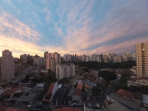 Beautiful sunrise, blue cloudy sky at downtown Sao Paulo