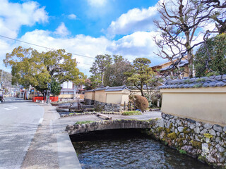 Fototapeta premium 世界遺産の上賀茂神社から流れ出る明神川の日本らしい風景写真