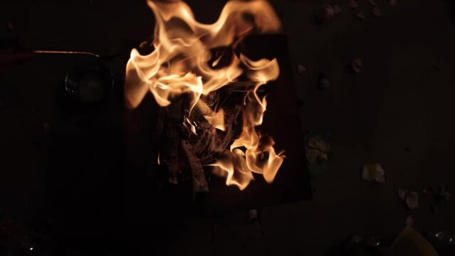 Slow Motion shot of Fire,Agni havan kund,Indian Havan Kund, rituals of hindus yagya at an Indian Wedding Function in New Delhi,India
