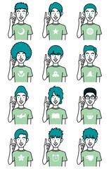 人差し指を立てる、いろいろな髪型の男性の顔