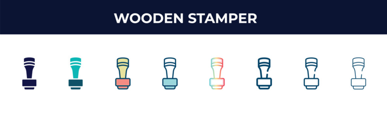 wooden stamper vector icon in 8 different modern styles. black, two colored wooden stamper icons designed in filled, glyph, outline, line, stroke and gradient styles. vector illustration can be used
