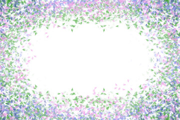 Fototapeta na wymiar Border background of delicate spring garden florals in pink, green and blue for social media with white copy space in the center.