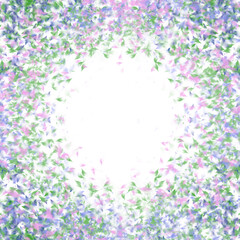 Obraz na płótnie Canvas Border background of delicate spring garden florals in pink, green, and purple with white copy space in the center.
