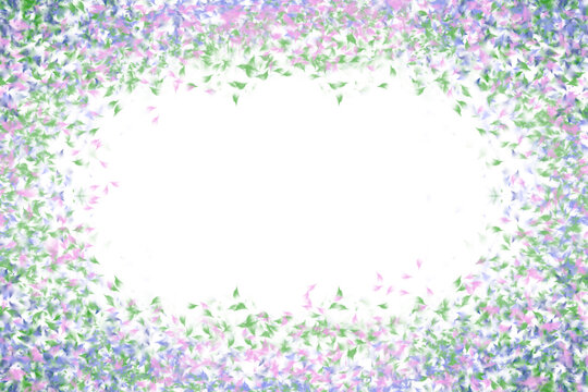 Border background of delicate spring garden florals in pink, green and blue for social media with white copy space in the center.
