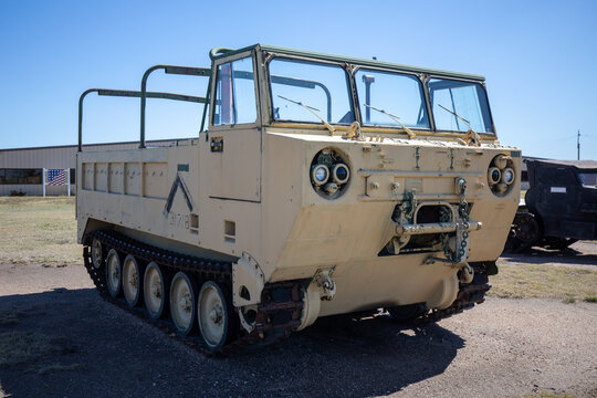 Lexington, Nebraska - April 29 2021: Army Marines military truck at Heartland Museum of Military Vehicles. Six ton tracked Cargo Carrier.