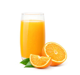 Glass of 100% Orange juice with sacs. and sliced fruits isolate on white background.