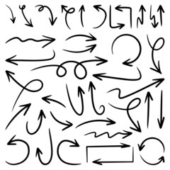 hand drawn arrow icon set isolated on white background. Doodle vector illustration.