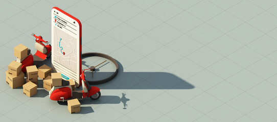 Fast delivery by scooter bike and van with mobile. E-commerce concept. Online food and shopping order with route map. Webpage, app design. red and gray background. isometric 3d render wide screen
