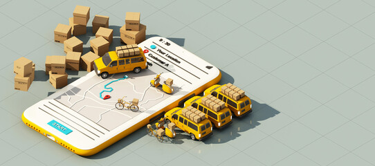 Fast delivery by scooter bike and van with mobile. E-commerce concept. Online food and shopping order with route map. Webpage, app design. yellow and gray background. isometric 3d render wide screen - obrazy, fototapety, plakaty