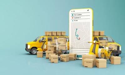 Fast delivery by scooter bike and van with mobile. E-commerce concept. Online food and shopping crate box order with route map. Webpage, app design. yellow and blue background. perspective 3d render