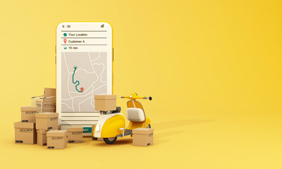 Fast delivery by scooter bike with mobile. E-commerce concept. Online food and shopping crate box order with route map. Webpage, app design. yellow and white background. perspective 3d render - obrazy, fototapety, plakaty