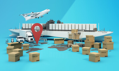 the Earth world map surrounded by cardboard boxes, a cargo container ship, a flying plane, a car, a van and a truck with gps location on blue background 3D rendering