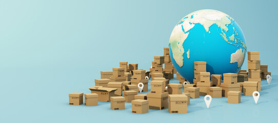 the Earth world map surrounded by cardboard boxes, paper box with gps location on blue background 3D rendering panorama view - 486642779