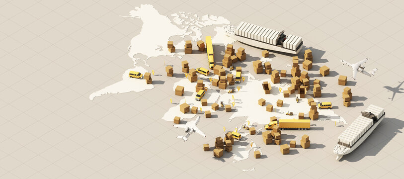 Fototapeta the Earth world map surrounded by cardboard boxes, a cargo container ship, a flying plane, a car, a van and a truck with gps location on white background 3D rendering isometric view
