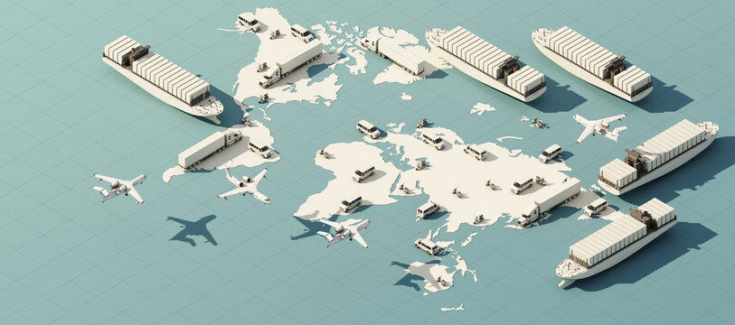 Fototapeta the Earth world map surrounded by cardboard boxes, a cargo container ship, a flying plane, a car, a van and a truck with gps location on blue background 3D rendering isometric view