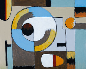 A geometric abstract painting with broken brushwork.