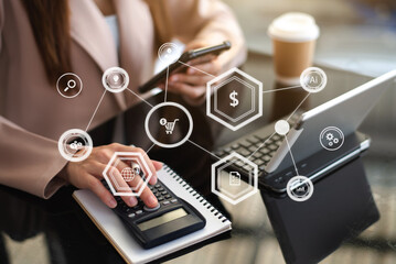 business hands background and abstract innovative technologies for industries. Multi exposure.