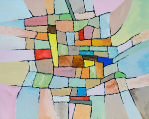 An irregular grid painting with rough brushwork.