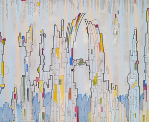 An abstract painting on a fantasy urban theme.