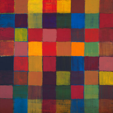 An abstract grid painting; roughly painted squares.
