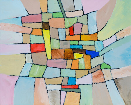 An irregular grid painting with rough brushwork.