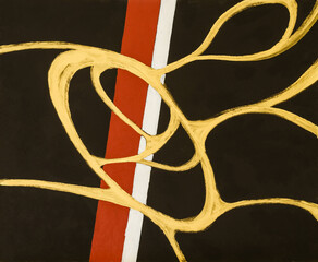 An abstract painting with golden looping forms.