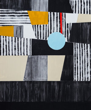 An abstract painting; with black and white stripes.